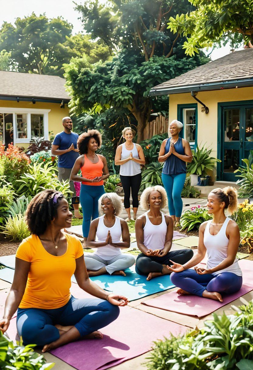 A diverse group of survivors engaged in various healthy activities such as yoga, cooking, and gardening in a vibrant community setting. Lush greenery in the background with supportive neighbors chatting and sharing resources. Bright sunlight radiates positivity showcasing a hopeful atmosphere. Super-realistic. Vibrant colors. Community vibe.