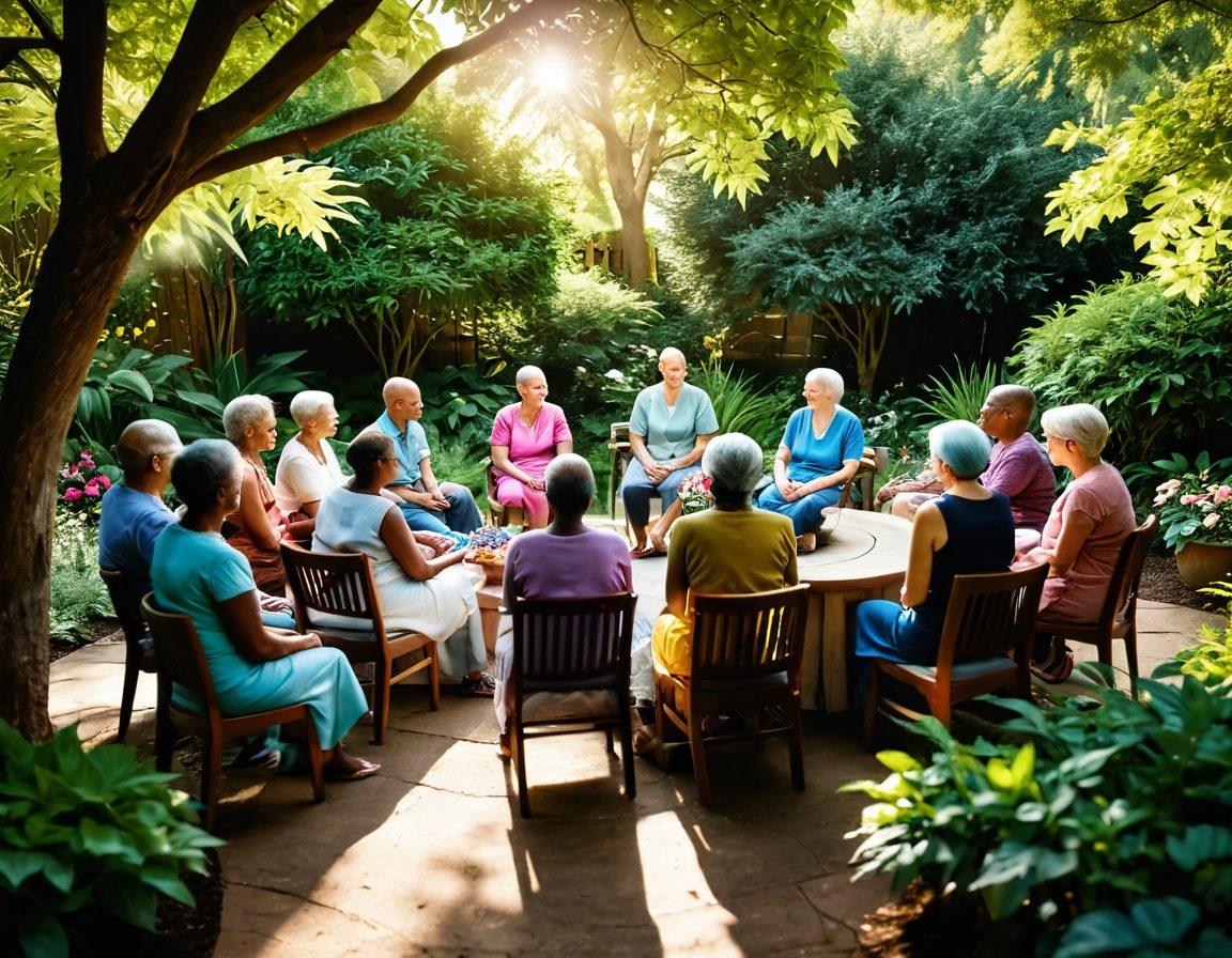 A serene image depicting a diverse group of cancer survivors, sharing stories in a warm, supportive circle. In the background, a path leads through a lush garden symbolizing growth and hope, with sunlight filtering through the leaves. The atmosphere should convey a sense of empowerment, resilience, and community. soft focus. vibrant colors. 3D.